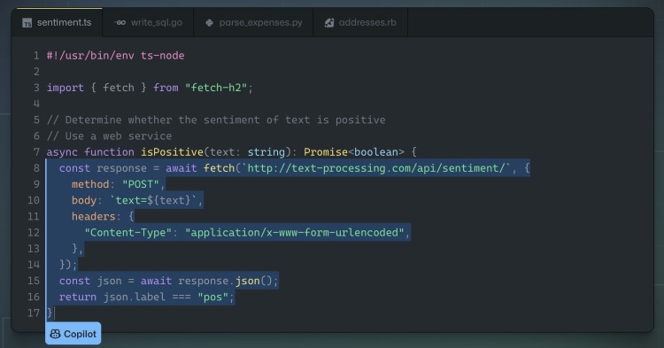 Copilot运行范例;来源GitHub Copilot官网 程序员用AI来写AI代码,“卷死”其他程序员?